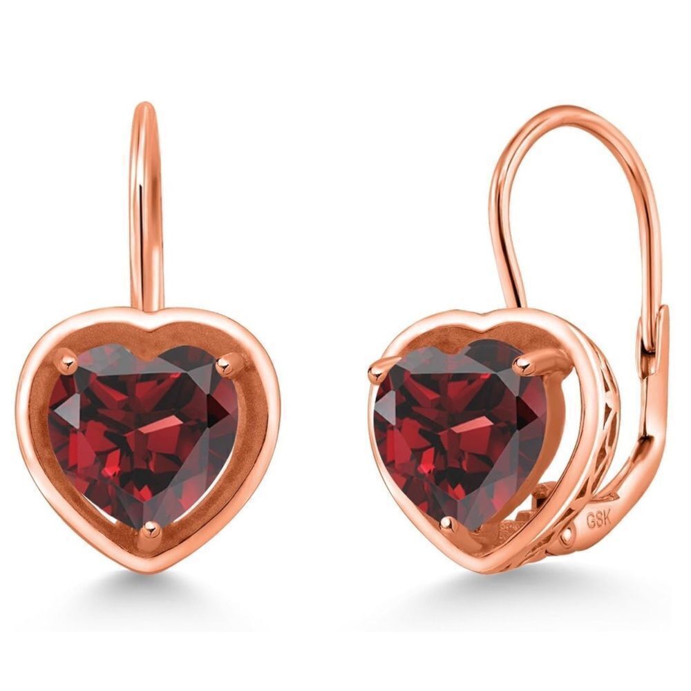 18K Rose Gold 925 with 2.60 Cttw 7MM Red Garnet Heart Leverback Drop Earrings